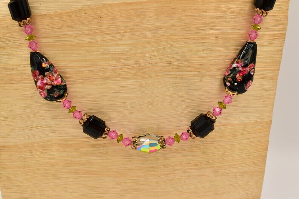 Vintage Watermelon Crystal Beaded Necklace Dichroic Black Glass Pink 60s BinA17